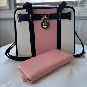 Elegant Pink and White Handbag with Wallet